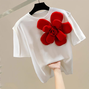 2024夏季韩版圆领款式直筒，短袖弹力女士t恤重工花朵拼色百搭上衣