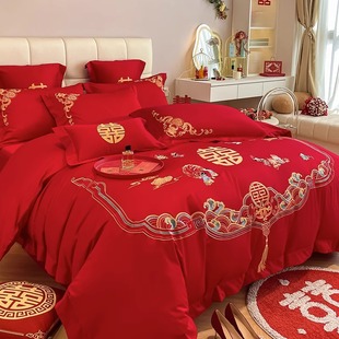 中式刺绣结婚四件套，大红婚房被套纯棉全棉，高档婚庆床上用品六件套
