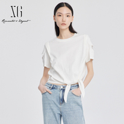 雪歌2024夏季镂空设计感套头绑带圆领短袖T恤女XJ201001A151