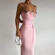 粉色花朵吊带连衣裙女美式复古时尚高级感长裙绑带包臀裙