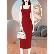 高级感质感红色吊带连衣裙，夏季2024女装气质，职场礼服背心长裙