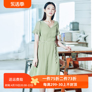 EMOO杨门夏季短袖连衣裙V领雪纺裙纯色中长裙套头绿色收腰裙子