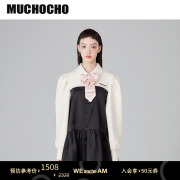 weancheam×muchocho粉色，蝴蝶结黑白拼色连衣裙女装秋冬2022