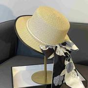 法式赫本风遮阳帽子女款2024夏季优雅珍珠气质草帽防晒太阳帽