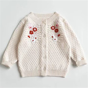 2023春装女童棉线毛衣开衫，欧美女宝宝手绣，花朵开衫外套针织衫