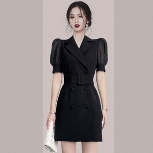 高级感职场双排扣V领连衣裙女2024年夏季设计感泡泡袖黑色西装裙