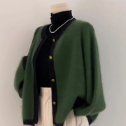 高级感超好看深绿色针织，开衫女2023秋冬季轻奢小香风毛衣外套