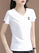 纯棉v领白色短袖，t恤女2024夏季高端女装上衣洋气半袖体恤