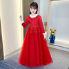 女大童高端红色连衣裙加绒公主裙蓬蓬纱礼服主持人生日钢琴演出服