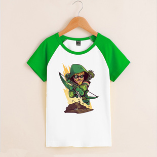 趣味卡通可爱动漫英雄Q版男女童绿箭侠学生短袖童装中小童半袖T恤