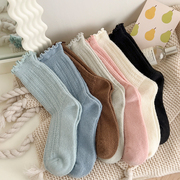 保暖加厚羊毛袜子女中筒袜，秋冬季日系可爱针织长袜木耳花边堆堆袜