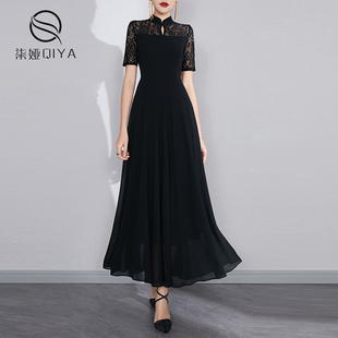 黑色蕾丝连衣裙2024气质，收腰显瘦大摆雪纺，波西米亚长裙女夏装
