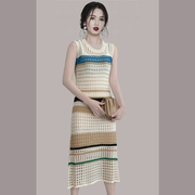 韩国气质镂空冰丝针织无袖连衣裙女夏收腰条纹撞色吊带裙两件套装