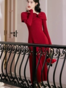 法式高级感气质一字肩红色连衣裙秋冬修身内搭打底针织毛衣裙