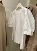 METWO白色泡泡袖上衣女2024春夏季宽松法式气质短袖衬衫08245