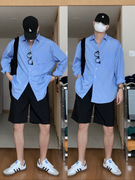 方人也屹夏季韩版条纹衬衫男长袖宽松大版休闲设计感衬衣外套