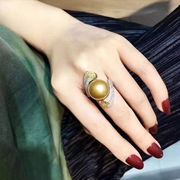 天然海水珍珠双色金戒指 纯银镶嵌活口可调节 正圆强光微瑕气质款