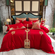结婚床上用品婚庆家纺红色中式四件套陪嫁婚房布置长绒棉十件套