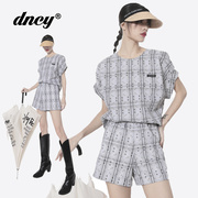 DNCY商场同款夏季黑白格子短袖休闲套装时尚宽松设计感短裤女
