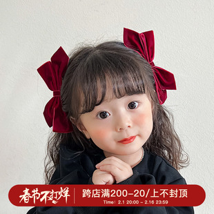 儿童新年红色立体丝绒蝴蝶结，发夹小女孩发卡两侧夹子，女童发卡头饰