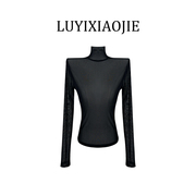 LYXJ玻璃之恋长袖t恤夏季网纱透明蕾丝黑色衬衣2024年女