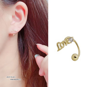 韩国1纯0k14k黄金耳环女 U型弯钩字母镶嵌锆石拧螺丝耳环