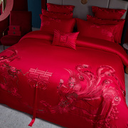 高档中式龙凤刺绣结婚四件套大红色床单被罩纯棉喜被婚庆床上用品