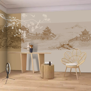 现代中式轻奢玉兰阁楼，意境风卧室客厅，电视背景墙壁布壁纸定制壁画