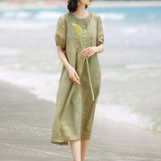 夏季女士素色连衣裙卡其绿色长裙宽松短袖文艺复古苎麻旅行袍子