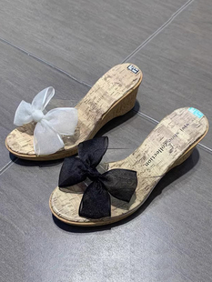 韩国女鞋2023夏季新甜美(新甜美)淑女蝴蝶结，透明度假外穿坡跟凉拖鞋沙滩鞋