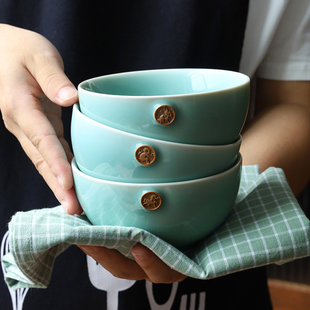 龙泉青瓷碗家用4.5英寸陶瓷，米饭碗天青釉十二生肖，碗餐具创意单个