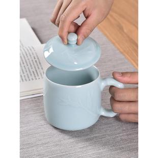 巧陶茶杯个人专用青瓷杯子，家用泡茶杯瓷，杯子带盖水杯竹节纹杯陶瓷