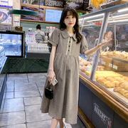 孕妇装夏装时尚娃娃，领短袖格子棉麻连衣裙，2024夏季韩版裙子夏