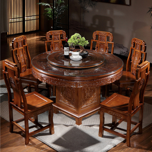 全实木餐桌椅组合带转盘家用橡木大圆桌20人中式仿古雕花吃饭桌子