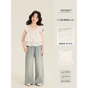 Amybaby女童上衣夏季2025新款甜美蕾丝拼接方圆领小飞袖背心衬衫