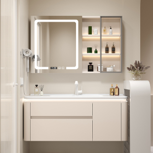 法式奶油风陶瓷一体，智能浴室柜镜柜组合卫生间，收纳洗漱台洗脸盆