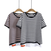 夏季韩版大码女休闲上衣小清新圆领横条纹字母贴标假两件T恤