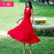 大红色淑女雪纺连衣裙，2024夏显瘦气质，大摆巴厘岛海边度假沙滩长裙