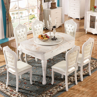 欧式可伸缩餐桌椅组合小户型实木大理石圆桌家用折叠圆形饭桌餐桌