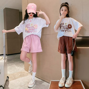 女童夏季套装2023儿童薄款运动休闲小女孩立体花朵短裤两件套