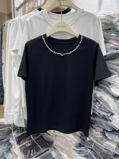 韩国东大门2024夏季纯色重工珍珠钉珠领宽松显瘦短袖T恤上衣