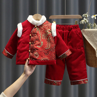 女童唐装年服套装2023冬季宝宝红色棉衣服儿童中国风棉袄棉裤
