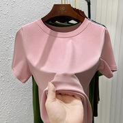 2023夏纯色(夏纯色)大圆领t恤修身显瘦粉色，甜酷风耐看气质基础款百搭短袖