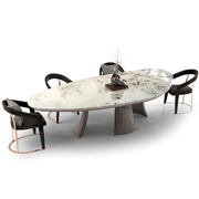 意式轻奢天然大理石餐桌圆桌家用不锈钢饭桌设计师高端餐桌椅组合