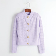 春季香芋紫上衣圆领毛衣开衫，短款镂空钩织针织金扣外套毛针织衫