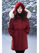红色收腰羽绒服女中长款2023时尚显瘦大毛领，连帽棉服外套秋冬