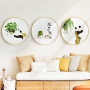 网红熊猫卧室日式画现代简约客厅沙发背景装饰画圆形实木挂画壁画