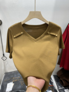 夏季妈妈装v领短袖，t恤衫2024纯色，棉质半袖鸡心领上衣半袖小衫