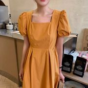 韩国chic夏季法式气质方领露背系带设计收腰长款泡泡袖连衣裙女