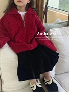 韩系麻花高品质年款毛衣开衫红色，米白色针织，开衫品牌男女童亲子潮